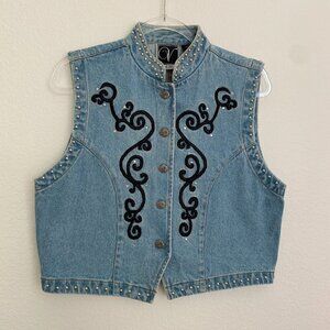 Vintage Valencia Western Denim Embroidered Studded Bedazzled Vest